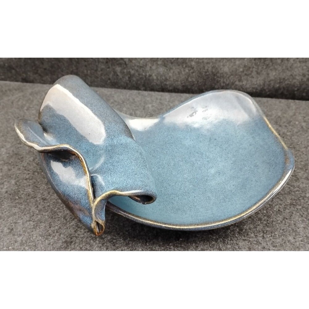 Handmade Art Pottery Ceramic Blue and Brown Folded Ruffled Edge Bowl Signed